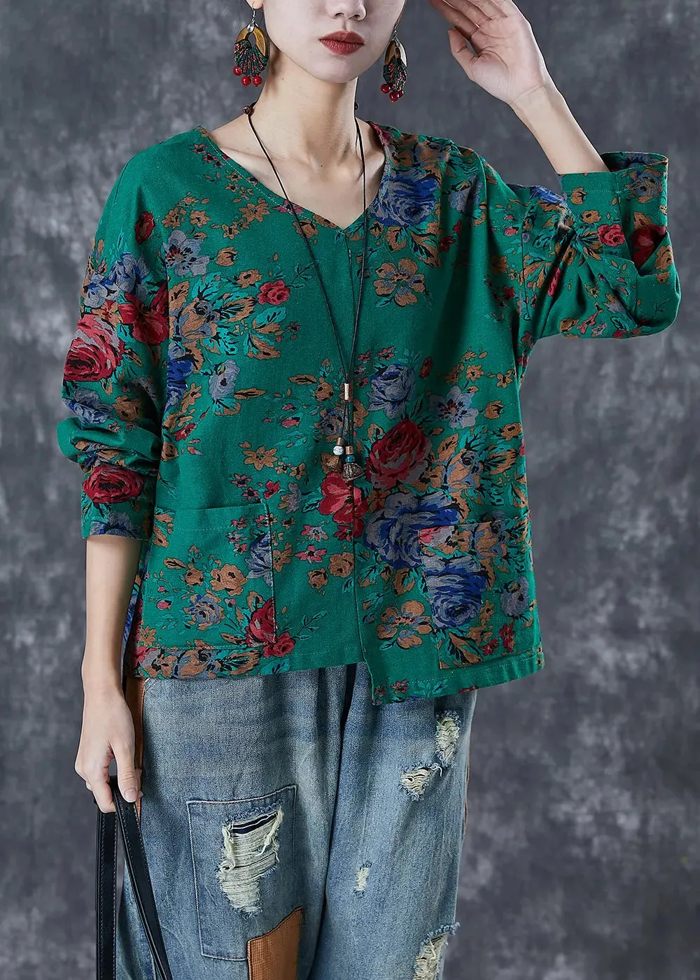 Asymmetrical Print Linen Shirt Tops