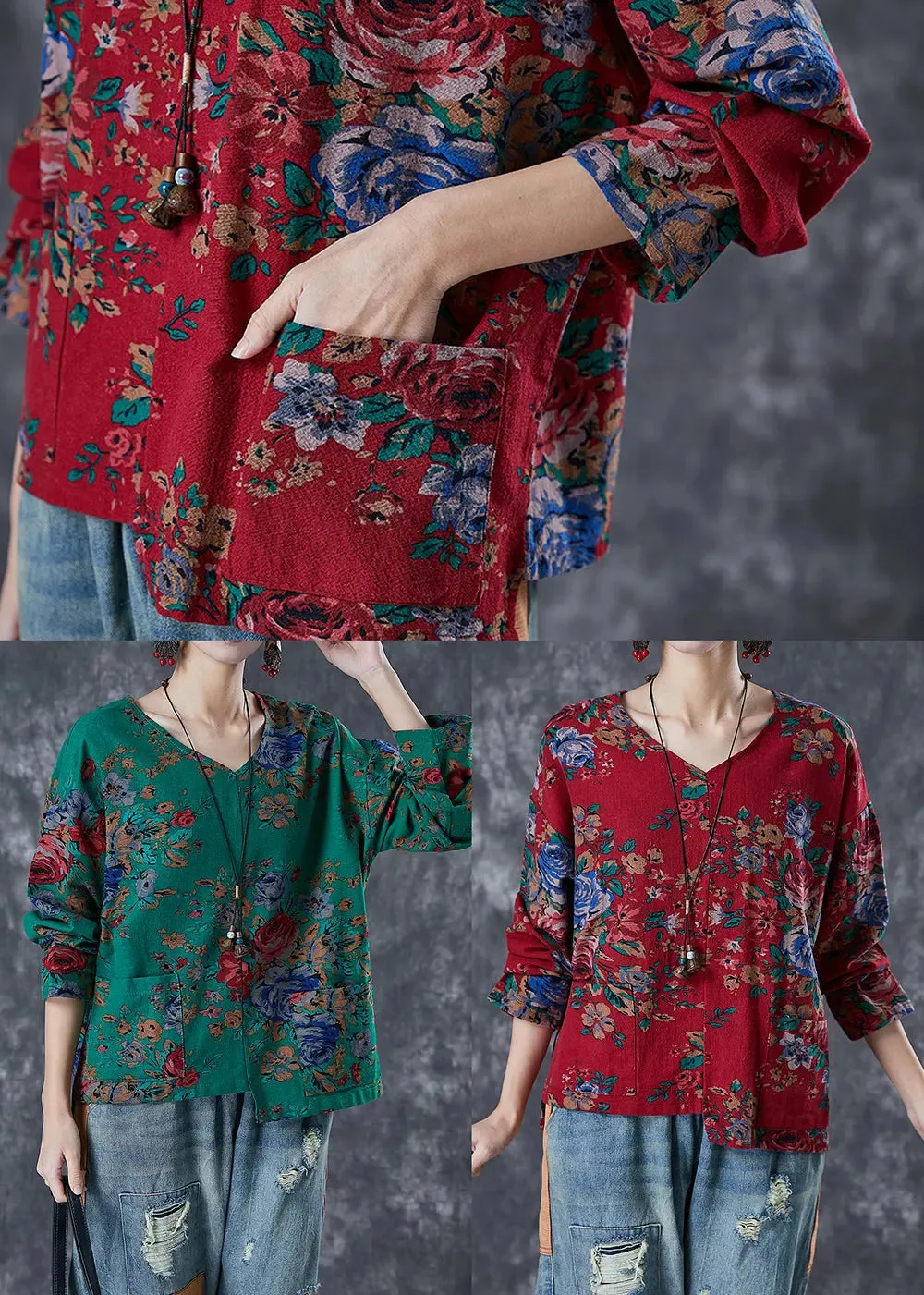 Asymmetrical Print Linen Shirt Tops