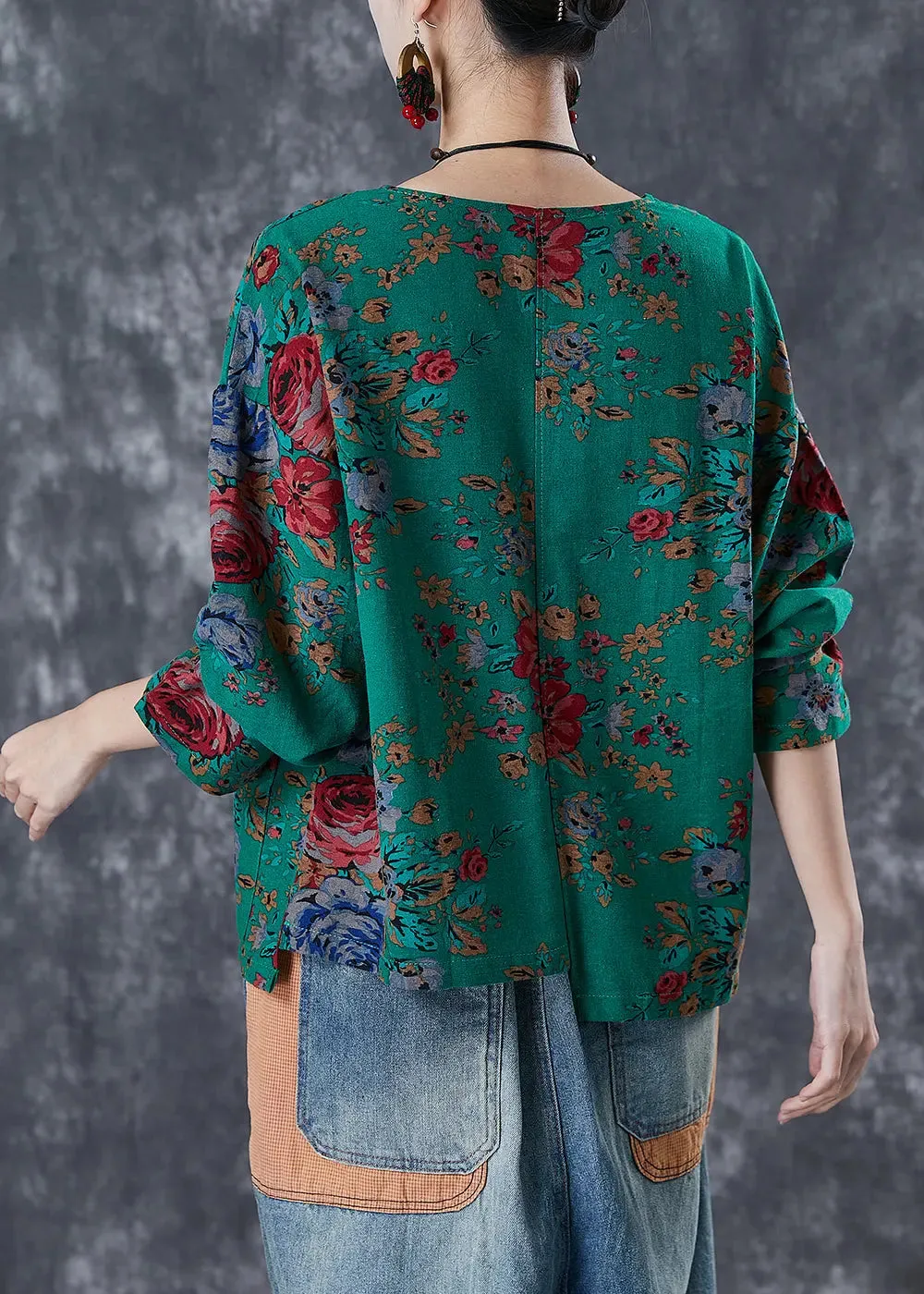 Asymmetrical Print Linen Shirt Tops
