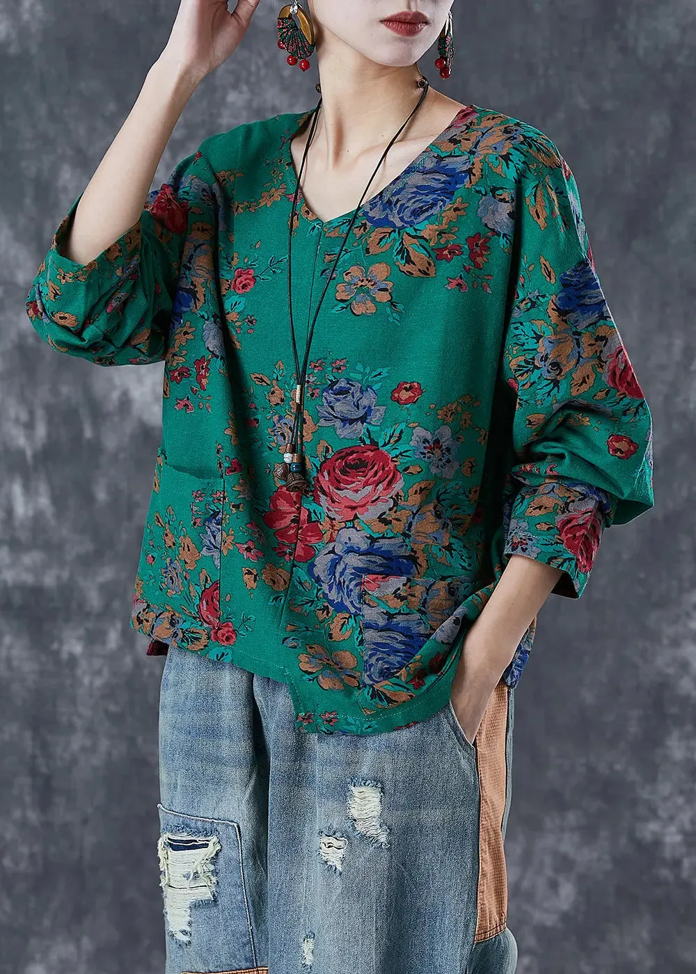 Asymmetrical Print Linen Shirt Tops