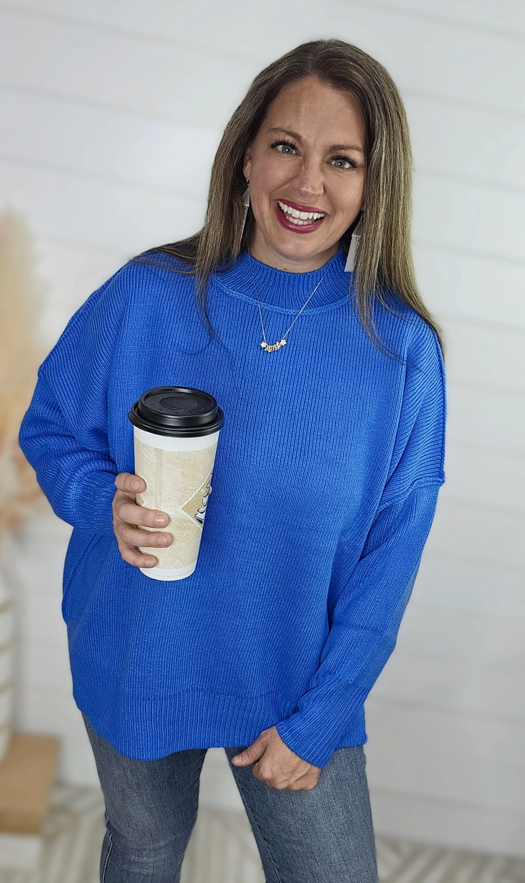 BLUE DROP SHOULDER OVERSIZED MOCK NECK SWEATER