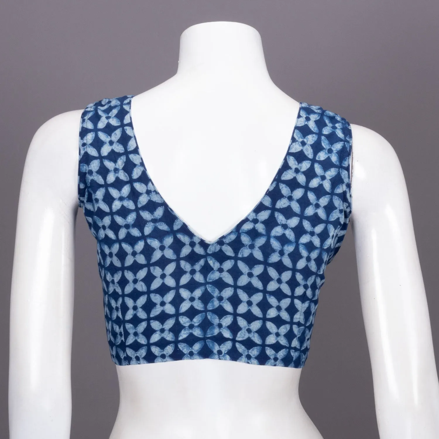 Blue Floral Motif Indigo Hand Block Print Cotton Blouse 10074568