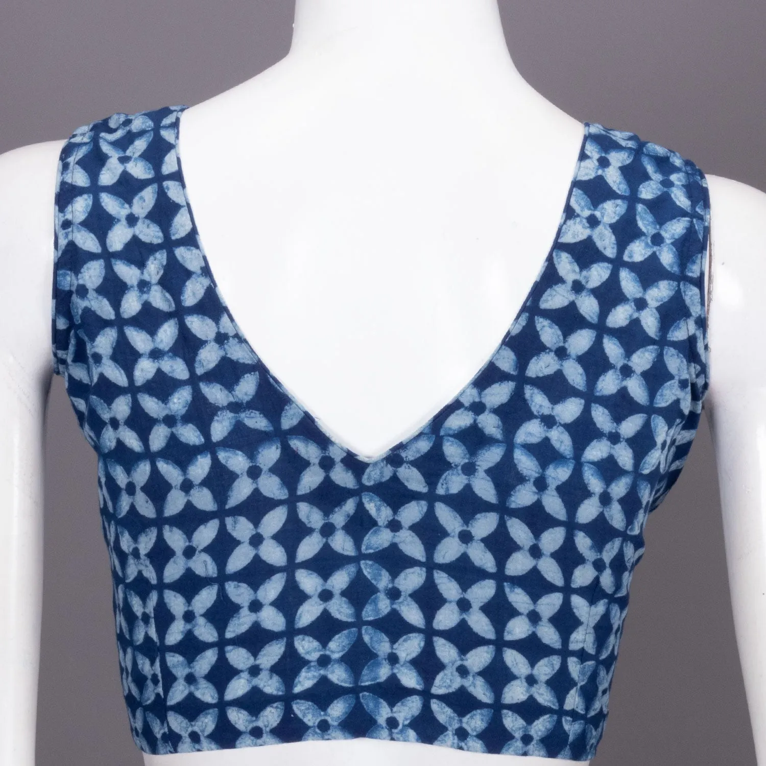 Blue Floral Motif Indigo Hand Block Print Cotton Blouse 10074568