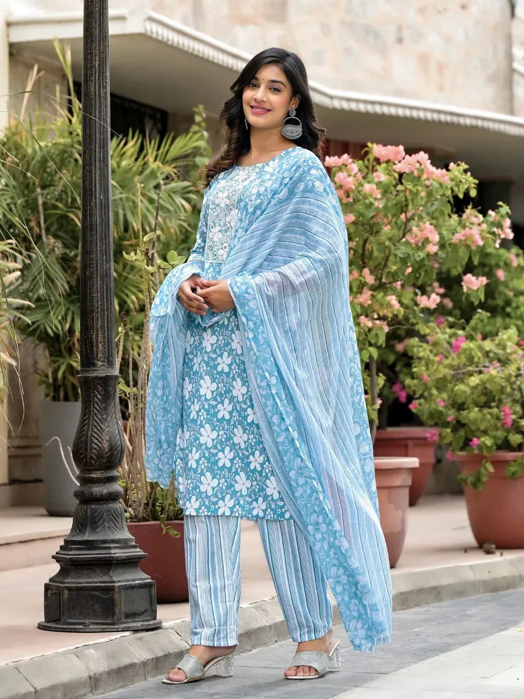 Blue Floral Printed Cotton Kurta, Pant And Dupatta Set With Thread & Mirror Work-J4849BLUE_OF