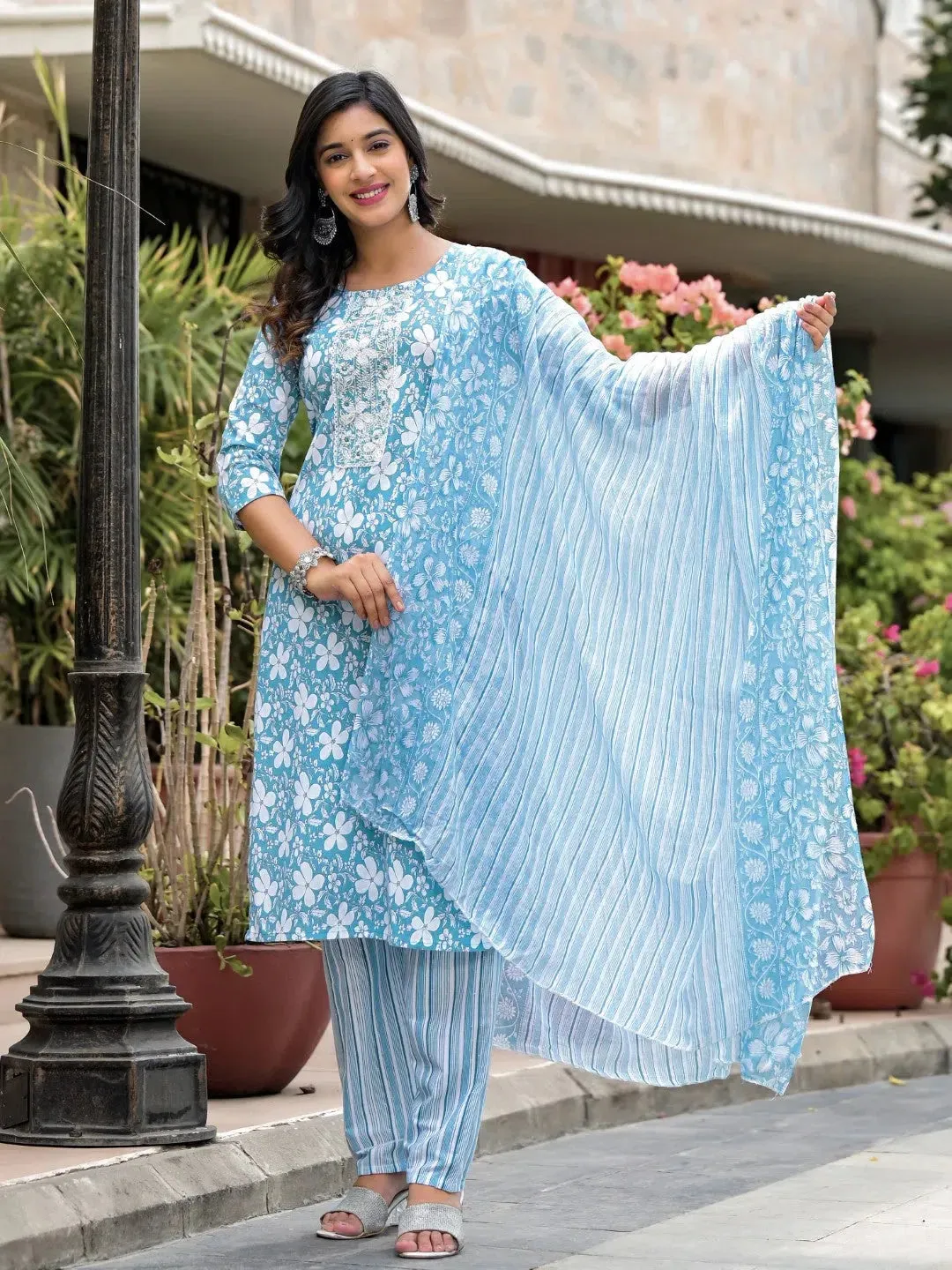Blue Floral Printed Cotton Kurta, Pant And Dupatta Set With Thread & Mirror Work-J4849BLUE_OF