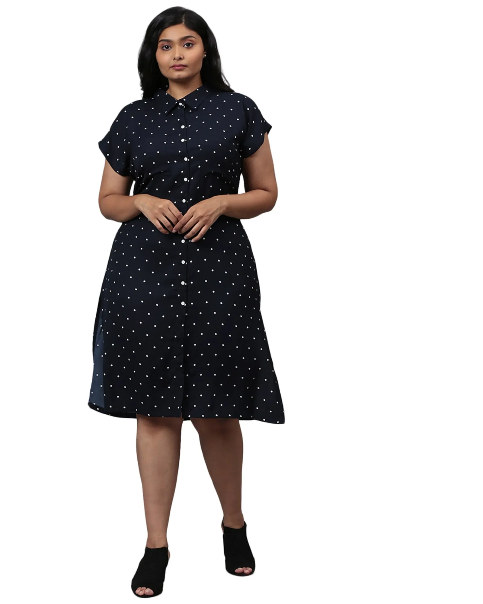 Blue Polka Dot Front Button Dress | Blue