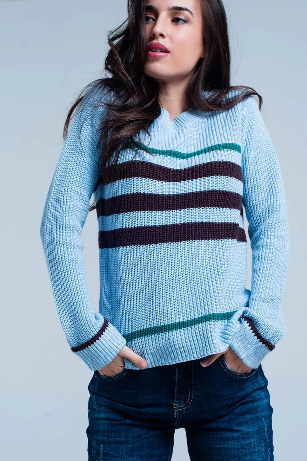 Blue Rib Stitch Sweater with Stripes