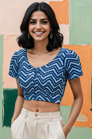 Blue Zigzag Design Indigo Hand Block Print Cotton Blouse 10074571
