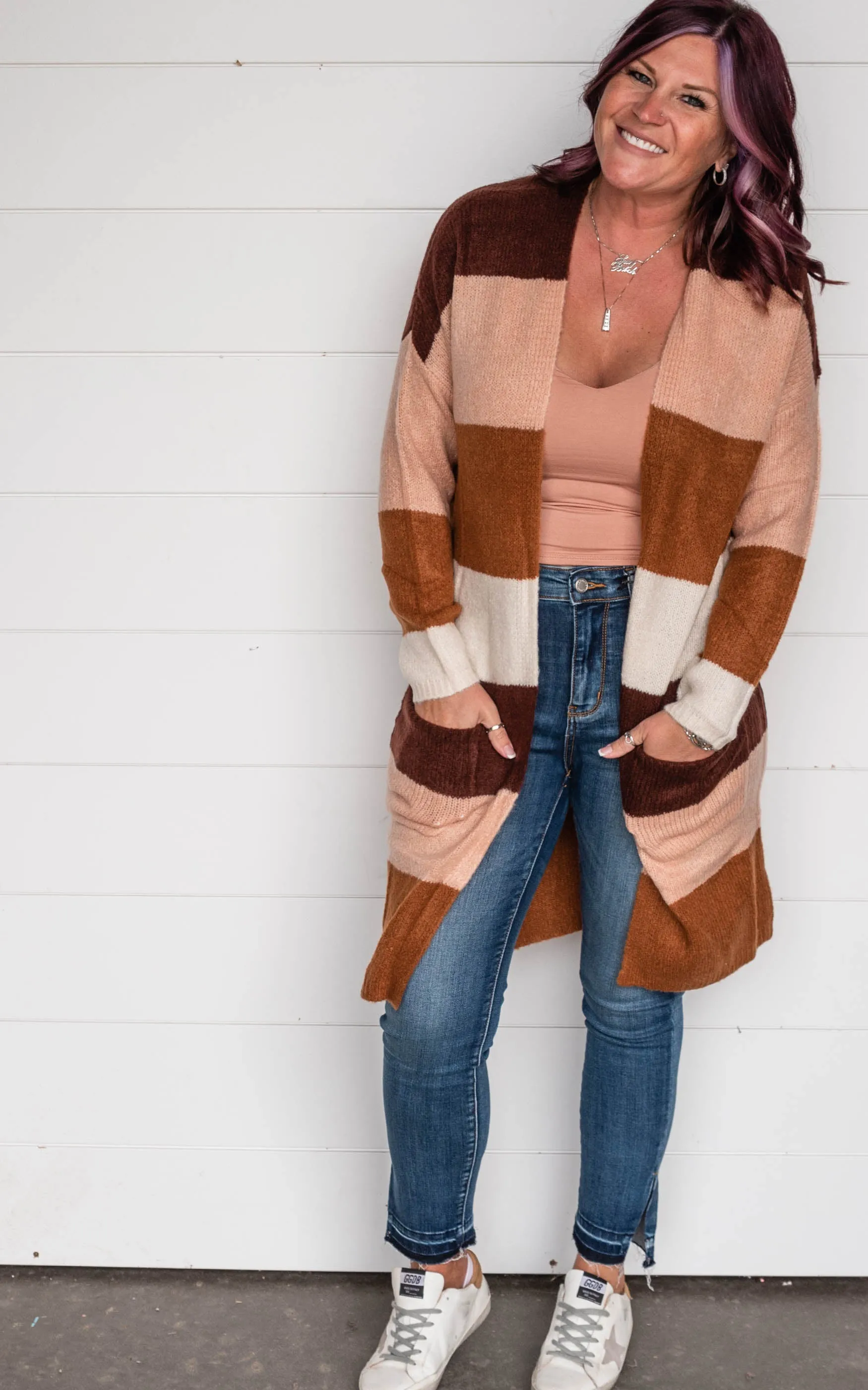 Brisk Strolls Colorblock Striped Cardigan Sepia - Final Sale
