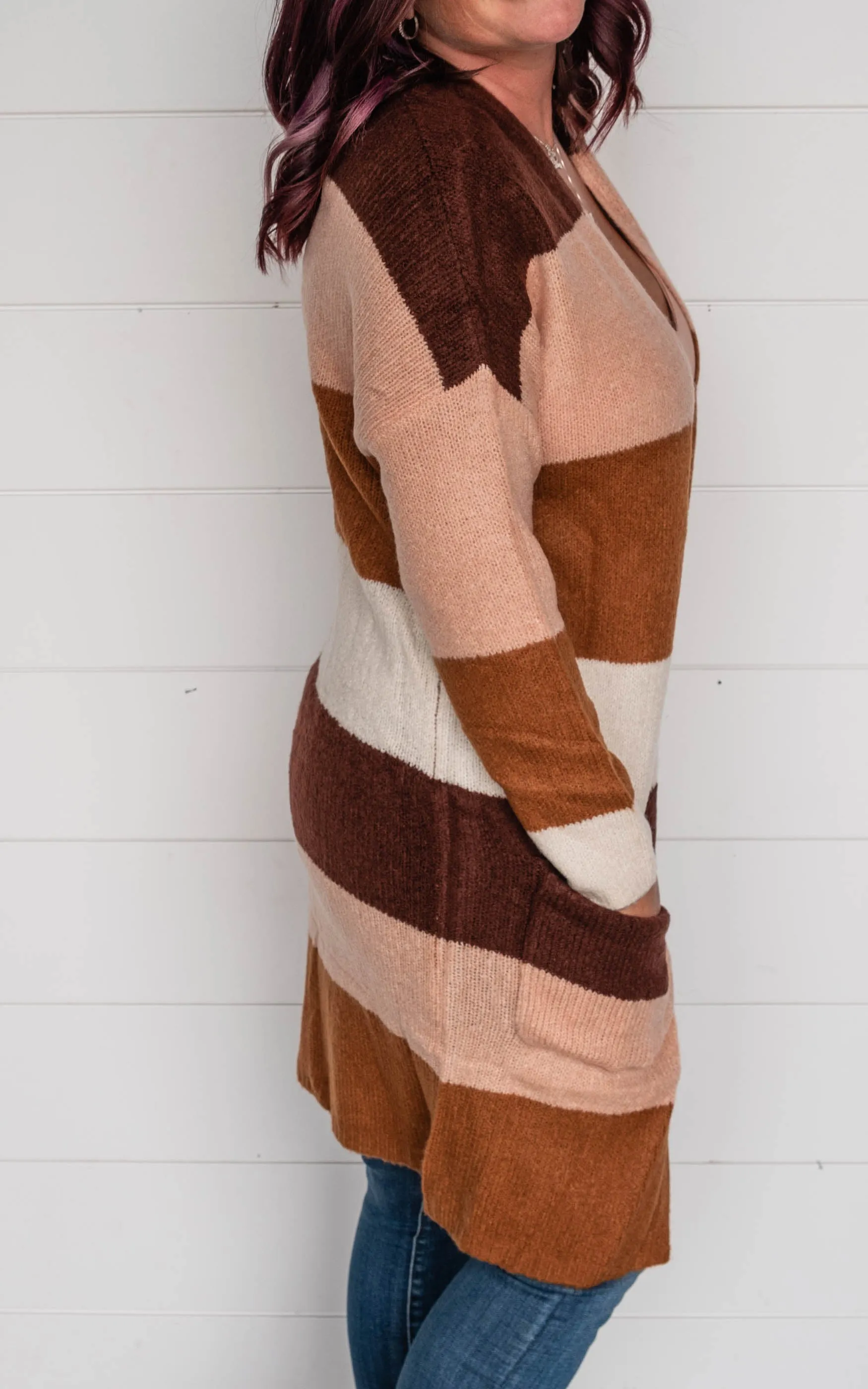 Brisk Strolls Colorblock Striped Cardigan Sepia - Final Sale