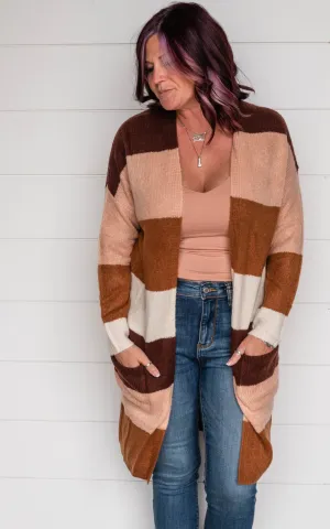 Brisk Strolls Colorblock Striped Cardigan Sepia - Final Sale