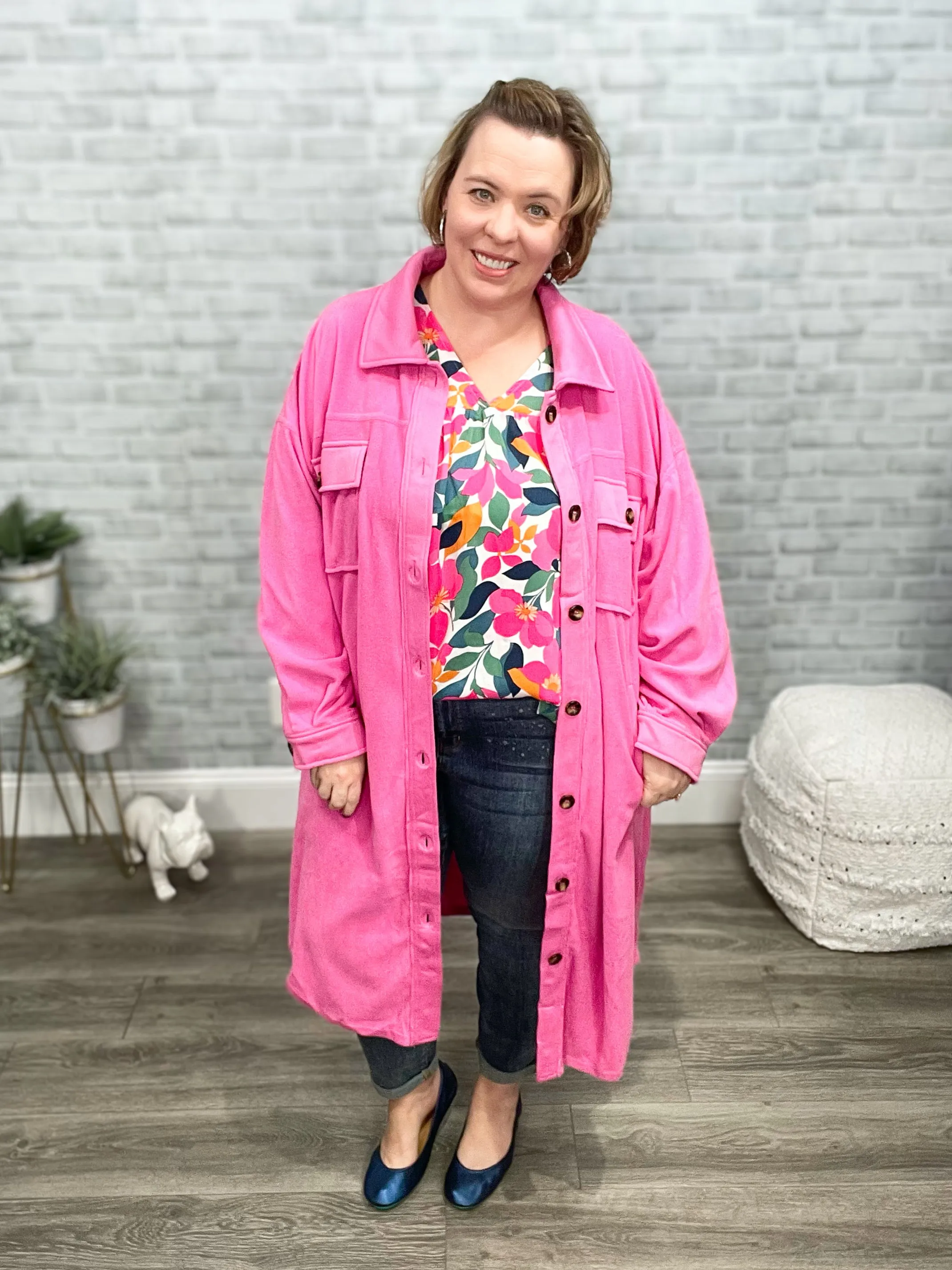 Bubblegum Pink Brushed Soft Duster Length Shacket