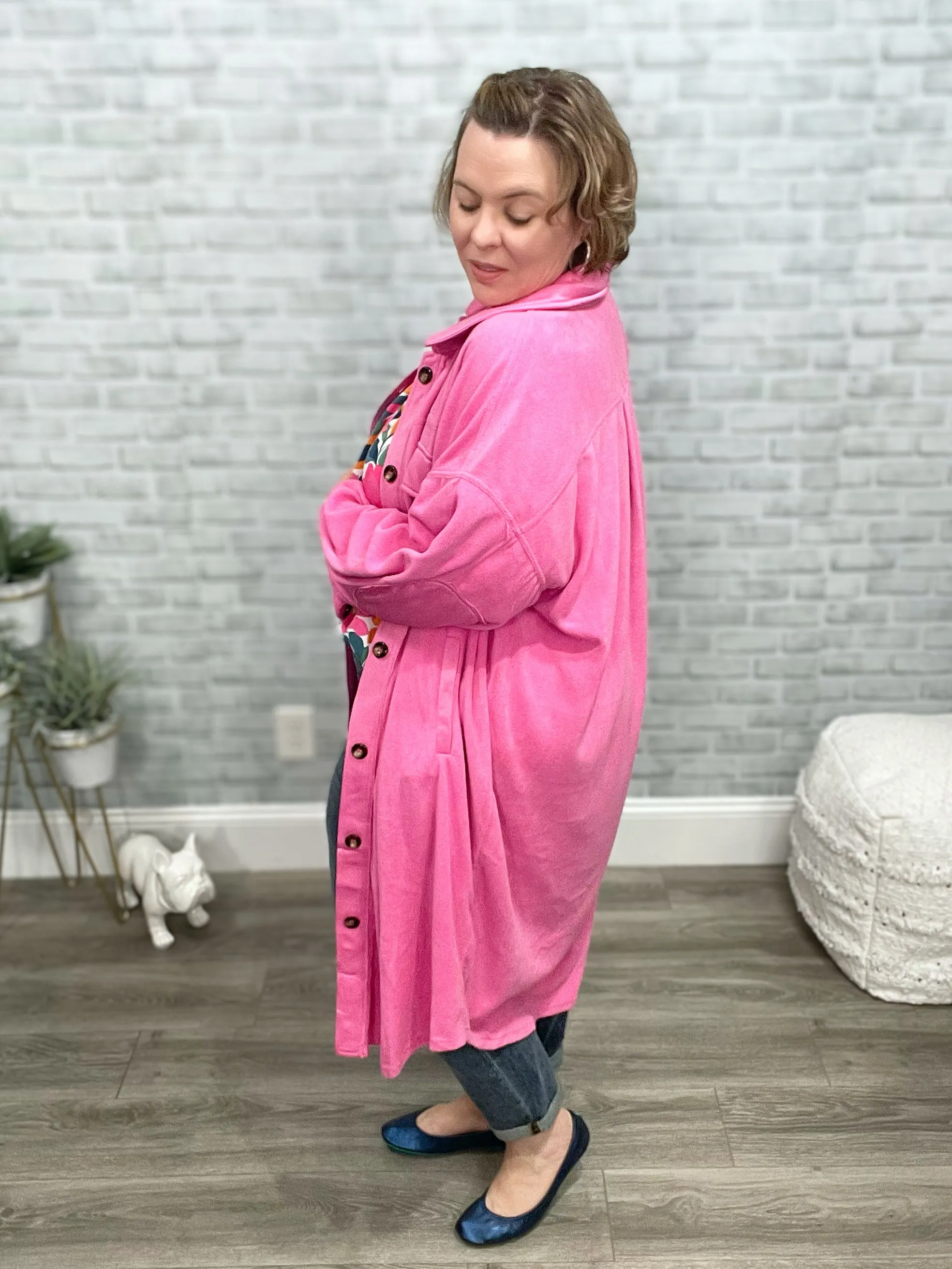 Bubblegum Pink Brushed Soft Duster Length Shacket