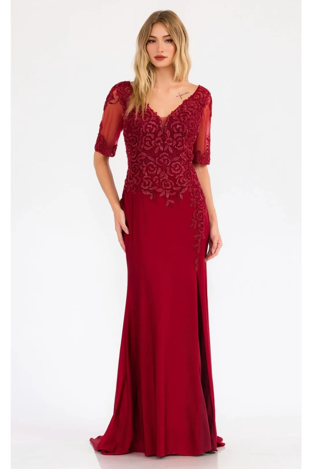 Burgundy Bridesmaid Dresses-Inexpensive Sheer Sleeve Gown Juliet JTM15L