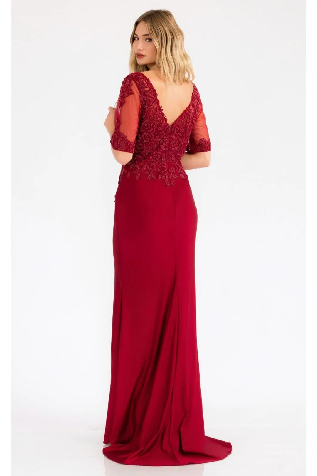 Burgundy Bridesmaid Dresses-Inexpensive Sheer Sleeve Gown Juliet JTM15L