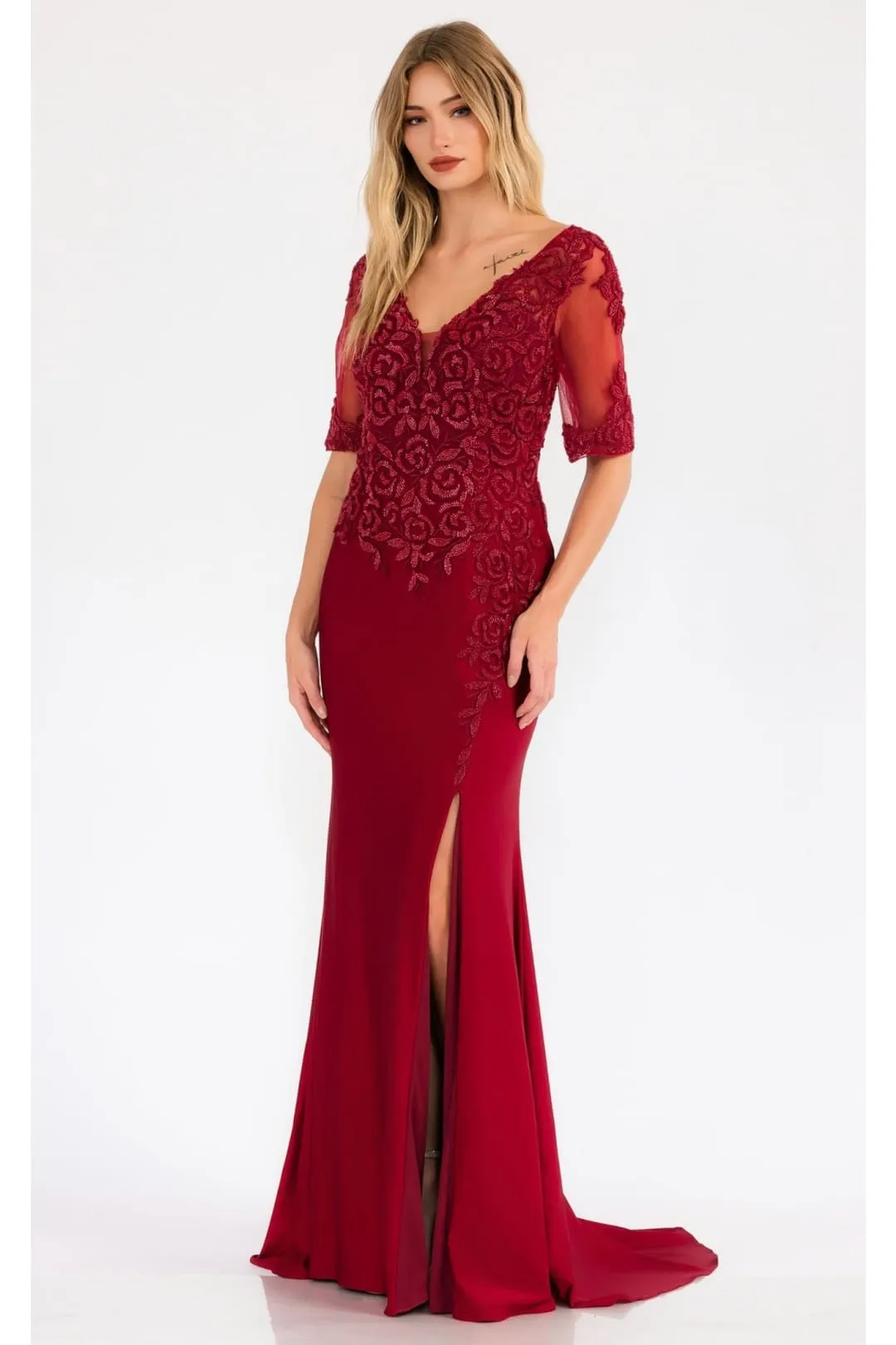 Burgundy Bridesmaid Dresses-Inexpensive Sheer Sleeve Gown Juliet JTM15L