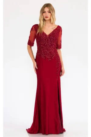 Burgundy Bridesmaid Dresses-Inexpensive Sheer Sleeve Gown Juliet JTM15L