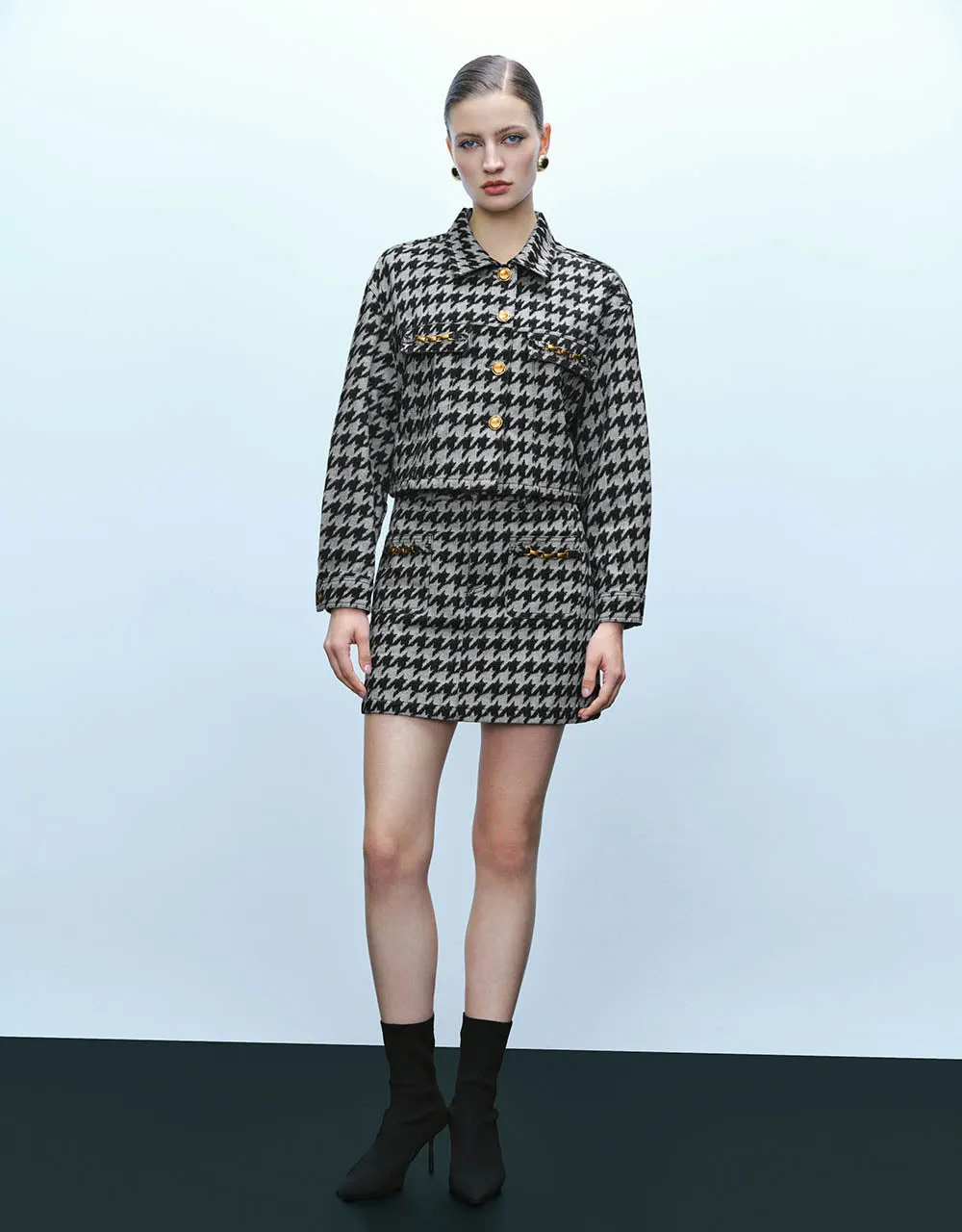 Button Up Houndstooth Denim Jacket
