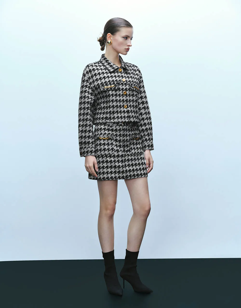 Button Up Houndstooth Denim Jacket