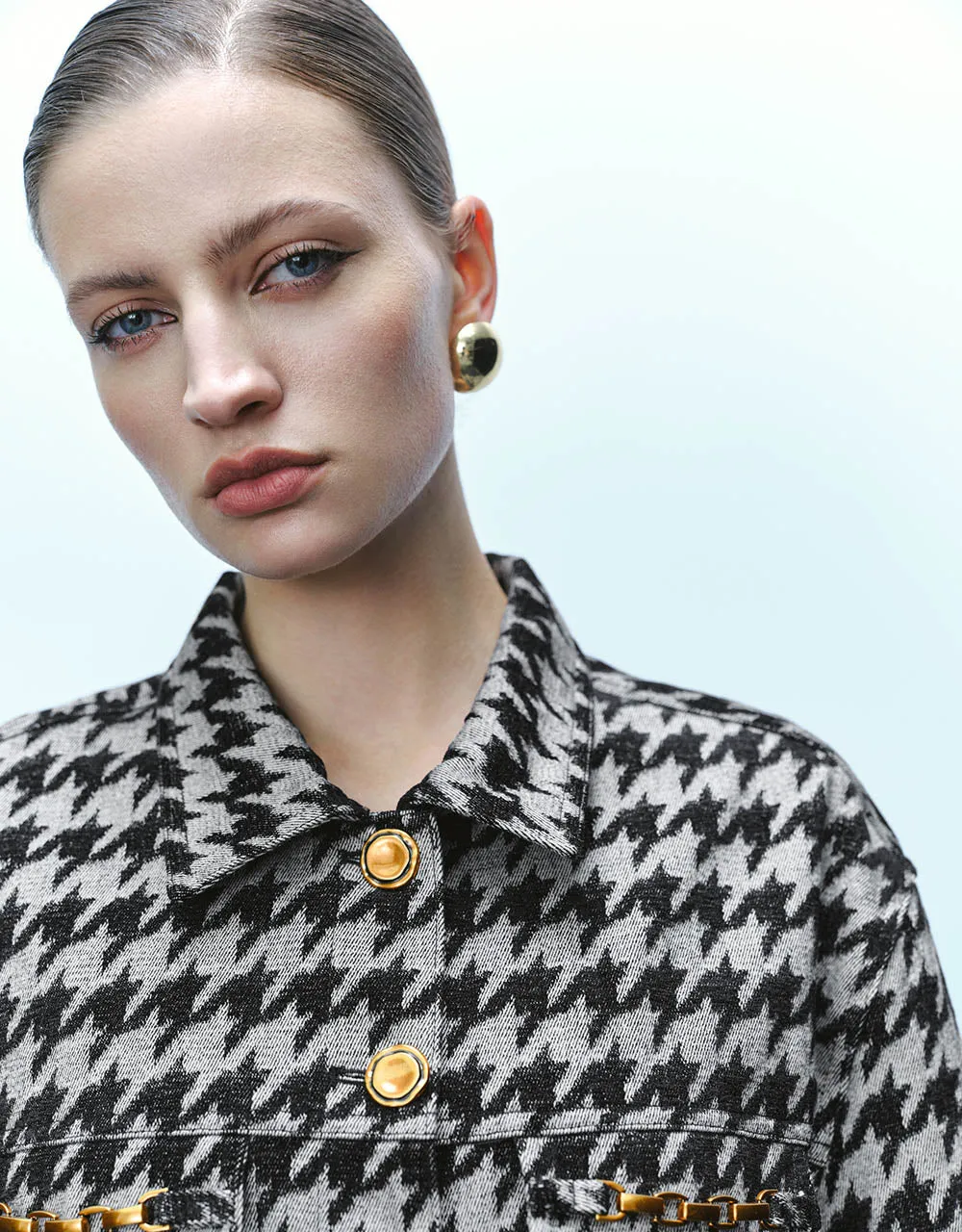 Button Up Houndstooth Denim Jacket