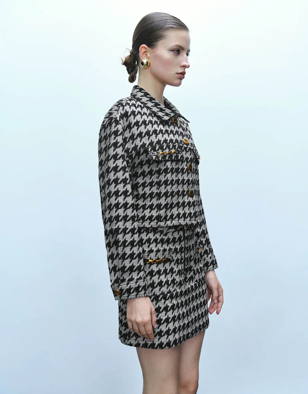 Button Up Houndstooth Denim Jacket