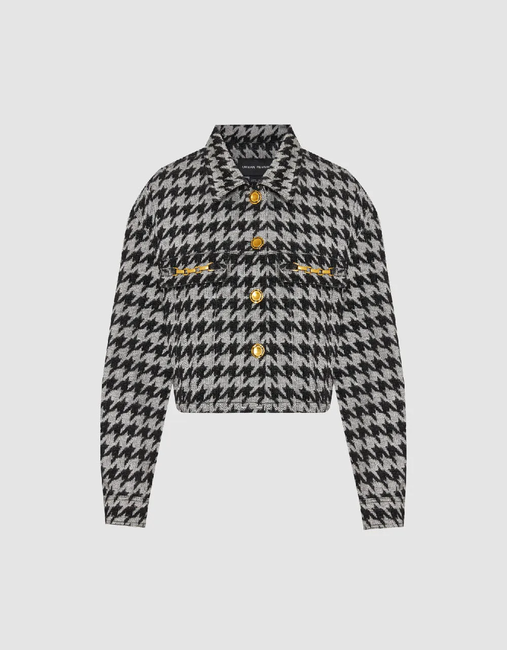 Button Up Houndstooth Denim Jacket