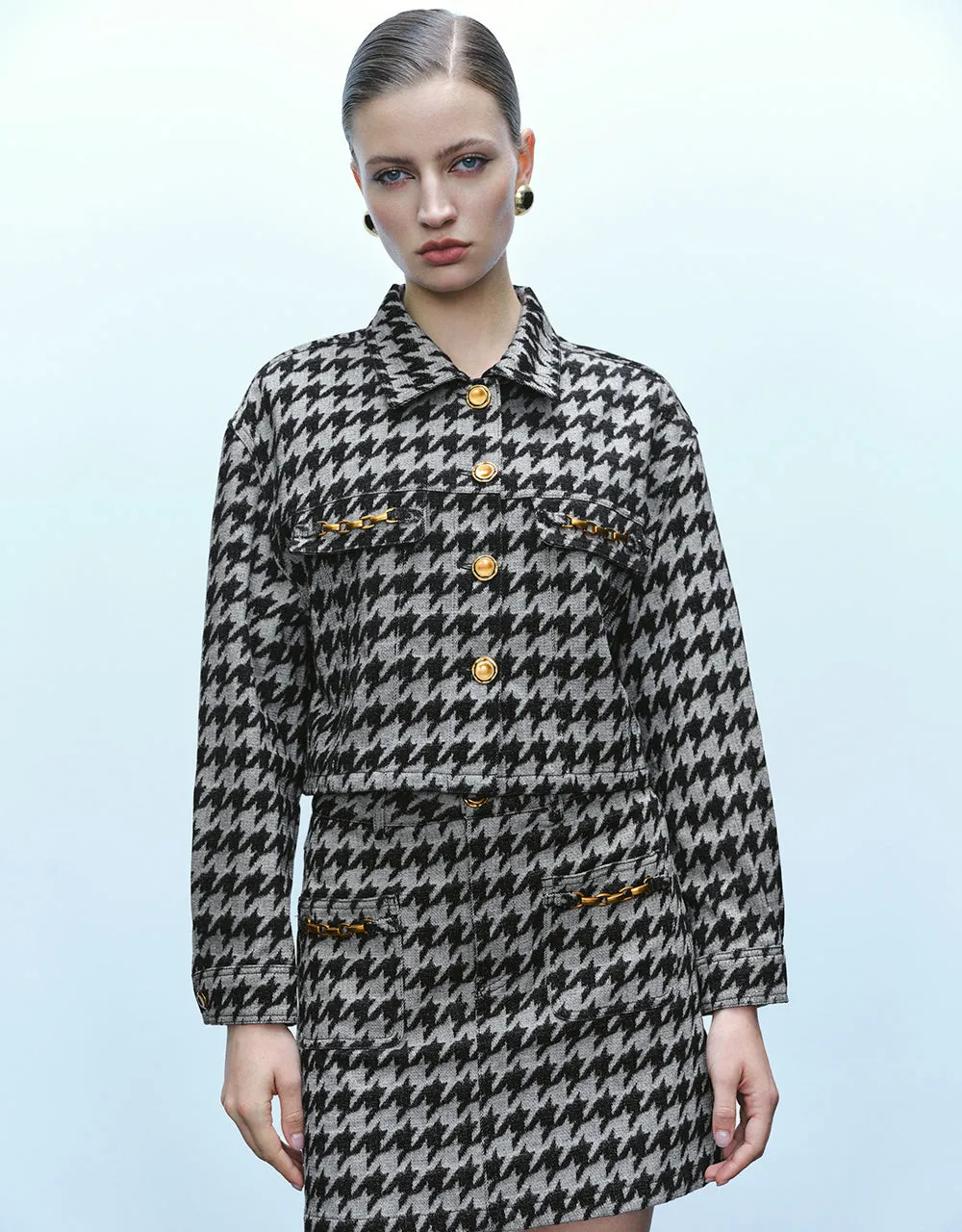 Button Up Houndstooth Denim Jacket