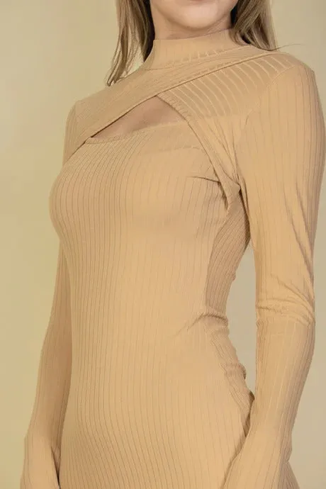 Capella | Ribbed Cut Out Front Long Sleeve Bodycon Mini Dress