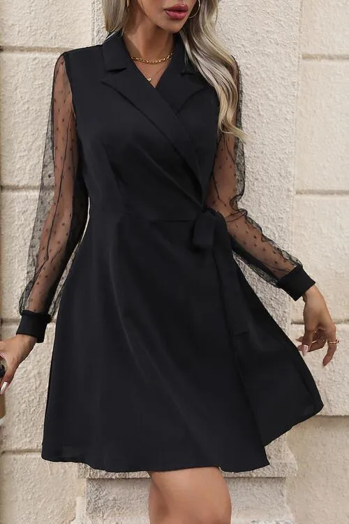 Casual Chic Mesh Long Sleeve Collared Mini Dress