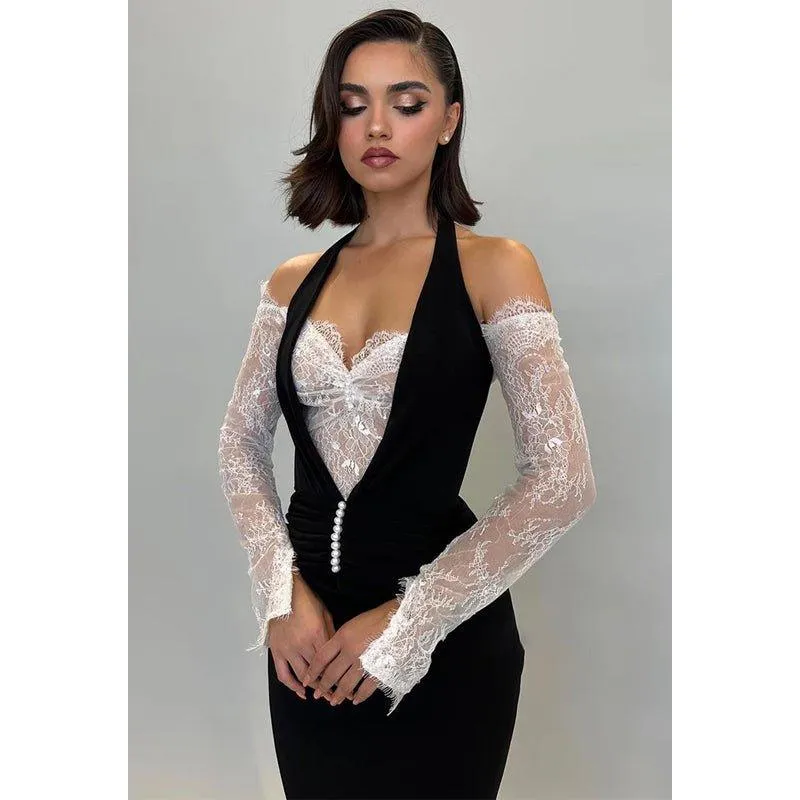 Chic & Modern Off-shoulder Halter Lace Sheer Satin Long Prom Dress
