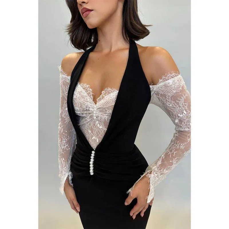Chic & Modern Off-shoulder Halter Lace Sheer Satin Long Prom Dress