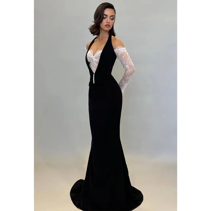Chic & Modern Off-shoulder Halter Lace Sheer Satin Long Prom Dress