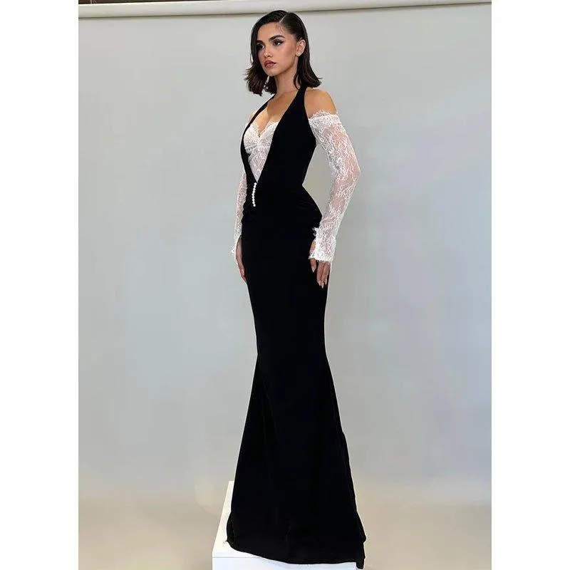 Chic & Modern Off-shoulder Halter Lace Sheer Satin Long Prom Dress