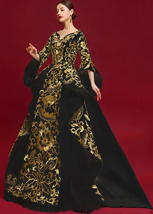 Chic Black V Neck Embroideried Patchwork Silk Maxi Dresses Summer ML1532