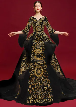 Chic Black V Neck Embroideried Patchwork Silk Maxi Dresses Summer ML1532