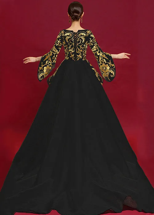 Chic Black V Neck Embroideried Patchwork Silk Maxi Dresses Summer ML1532