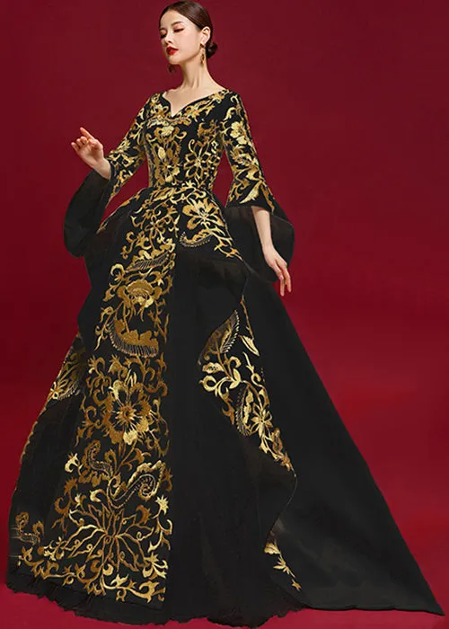 Chic Black V Neck Embroideried Patchwork Silk Maxi Dresses Summer ML1532