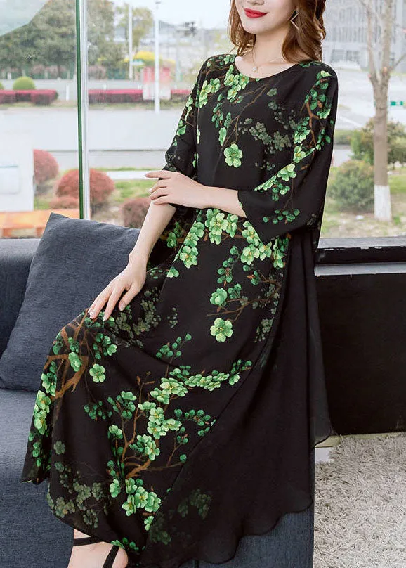 Chic Green O Neck Print Patchwork Chiffon Dresses Summer LY7721