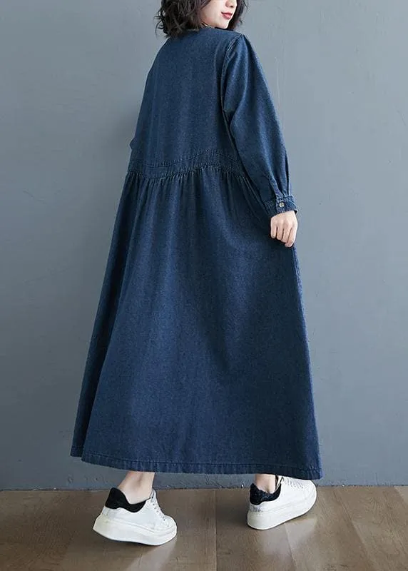 Chic O Neck Cinched Spring Tunic Wardrobes Denim Blue Art Dresses