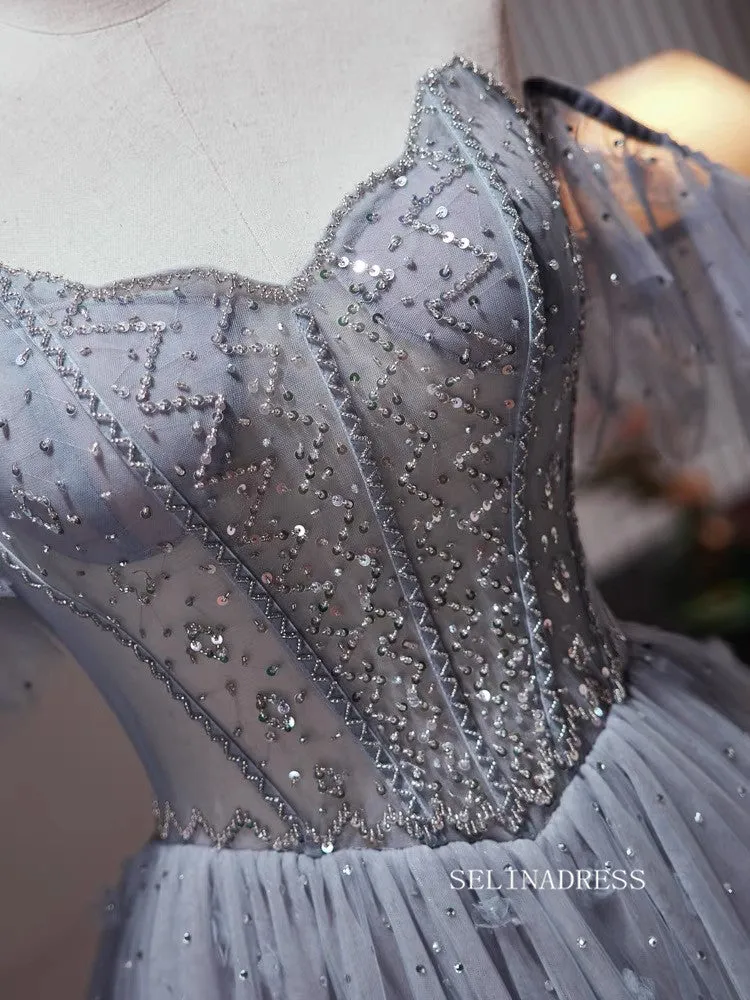 Chic Off-the-shoulder Sparkly Long Prom Dresses Beaded Evening Dress #TK159