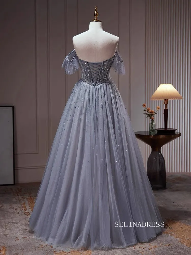Chic Off-the-shoulder Sparkly Long Prom Dresses Beaded Evening Dress #TK159