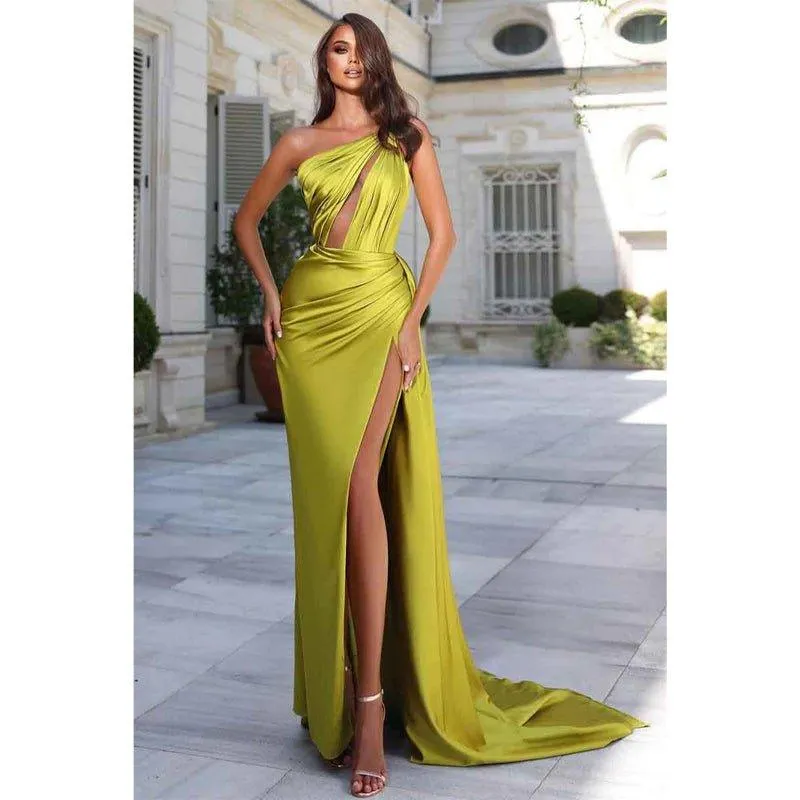 Chic One Shoulder Satin Pleats Long Mermaid Prom Party Dress with Slit