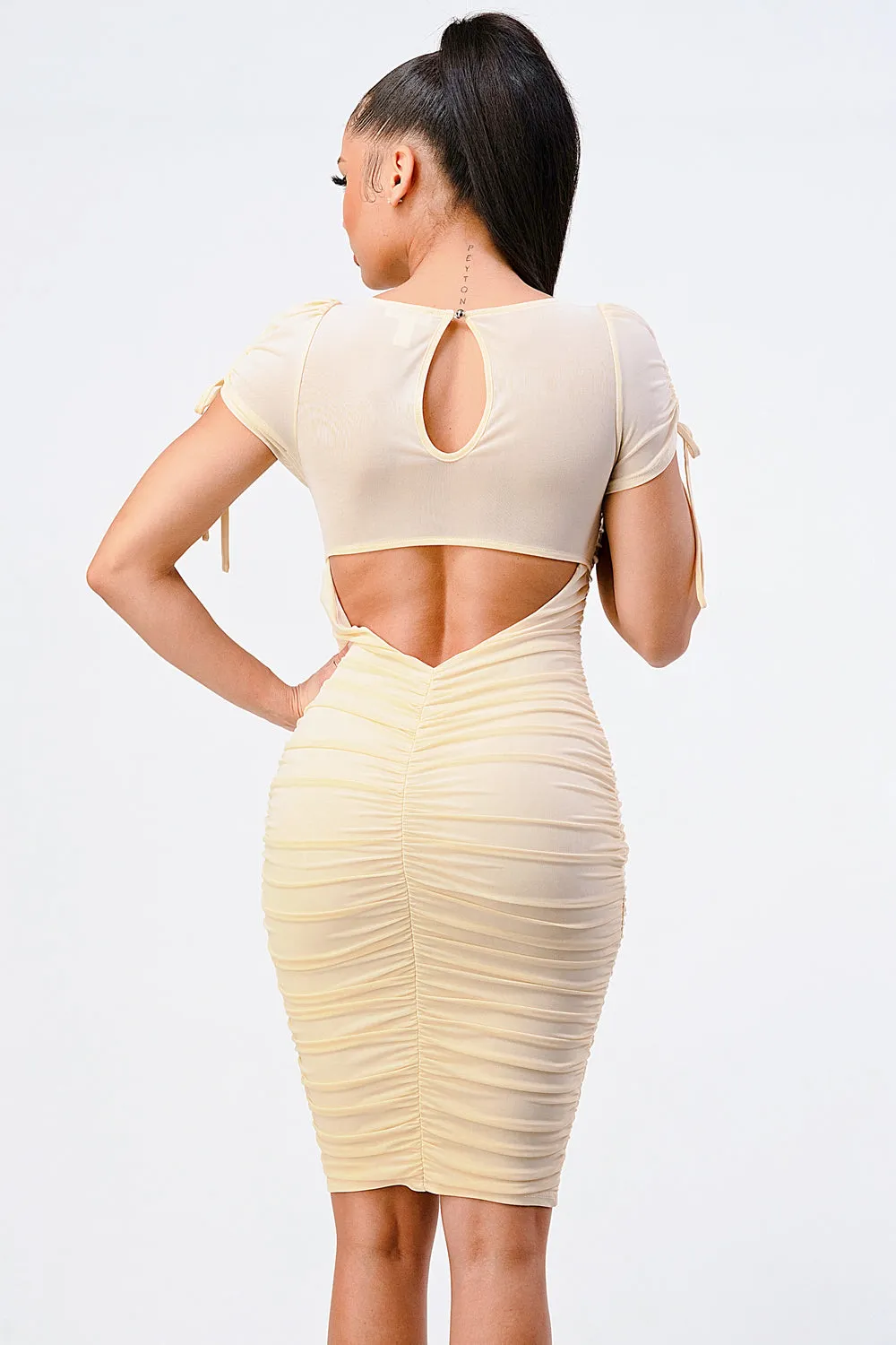 CHIC RUCHED SHEER CHIFFON BODYCON MIDI DRESS