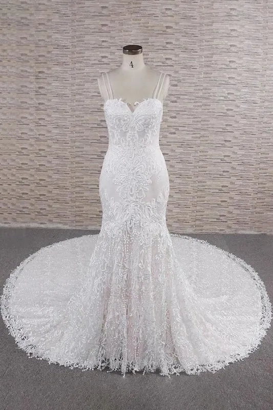 Chic Spaghetti Strap Appliques Mermaid Elegant Wedding Dresses