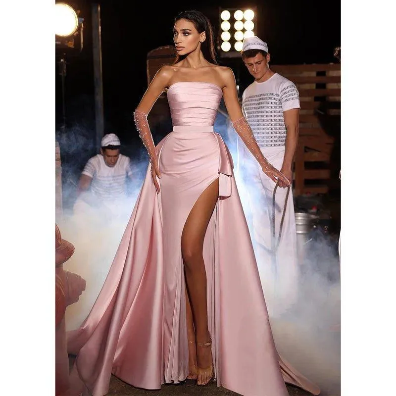 Chic Strapless Pink Satin Pleats Long Mermaid Prom Party Dress