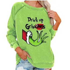 Christmas Shirt for Women, Christmas Funny Pullover Green Printing Long Sleeve Raglan Tops Sweatshirt