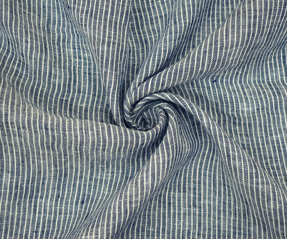 Dark Blue-White Spence Bryson Stripe Slub Washed Irish Linen Woven Fabric