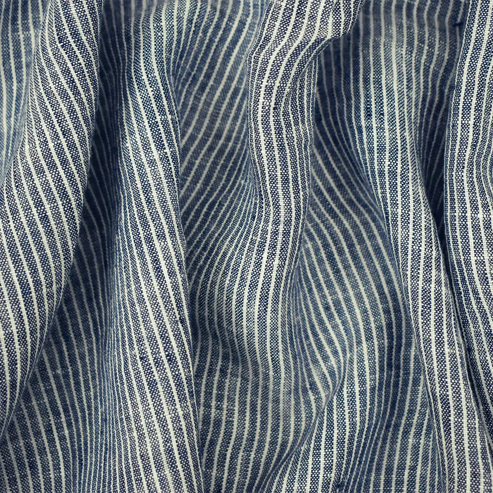 Dark Blue-White Spence Bryson Stripe Slub Washed Irish Linen Woven Fabric