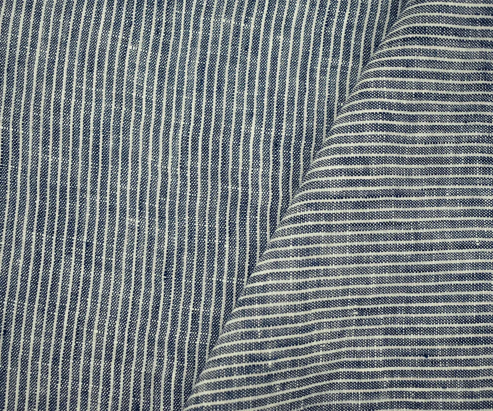 Dark Blue-White Spence Bryson Stripe Slub Washed Irish Linen Woven Fabric