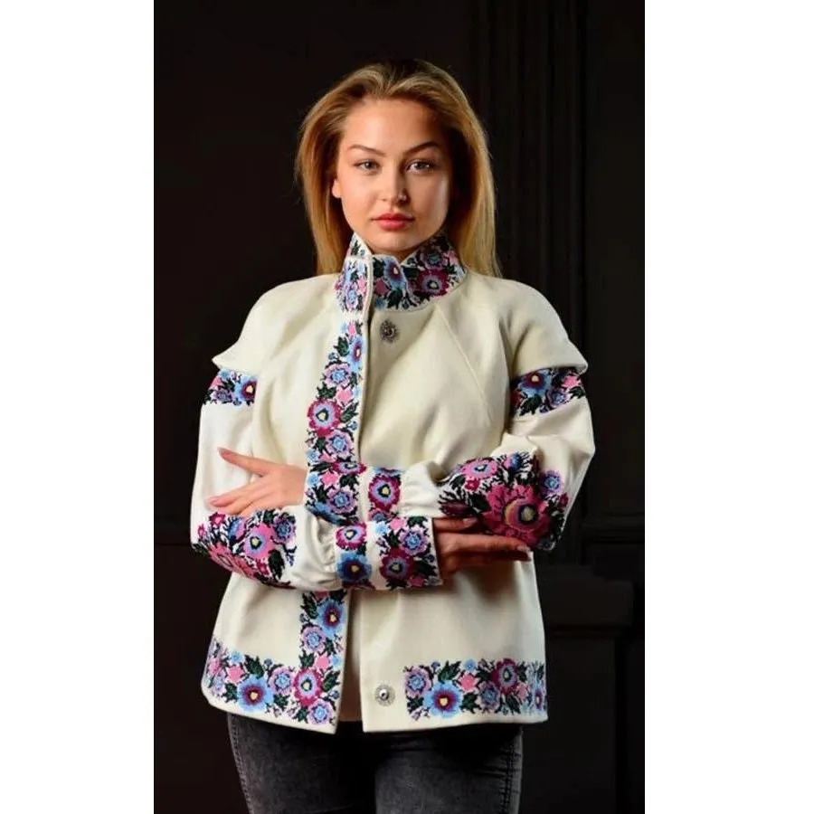Designer women's embroidered blouse with a cashmere jacket